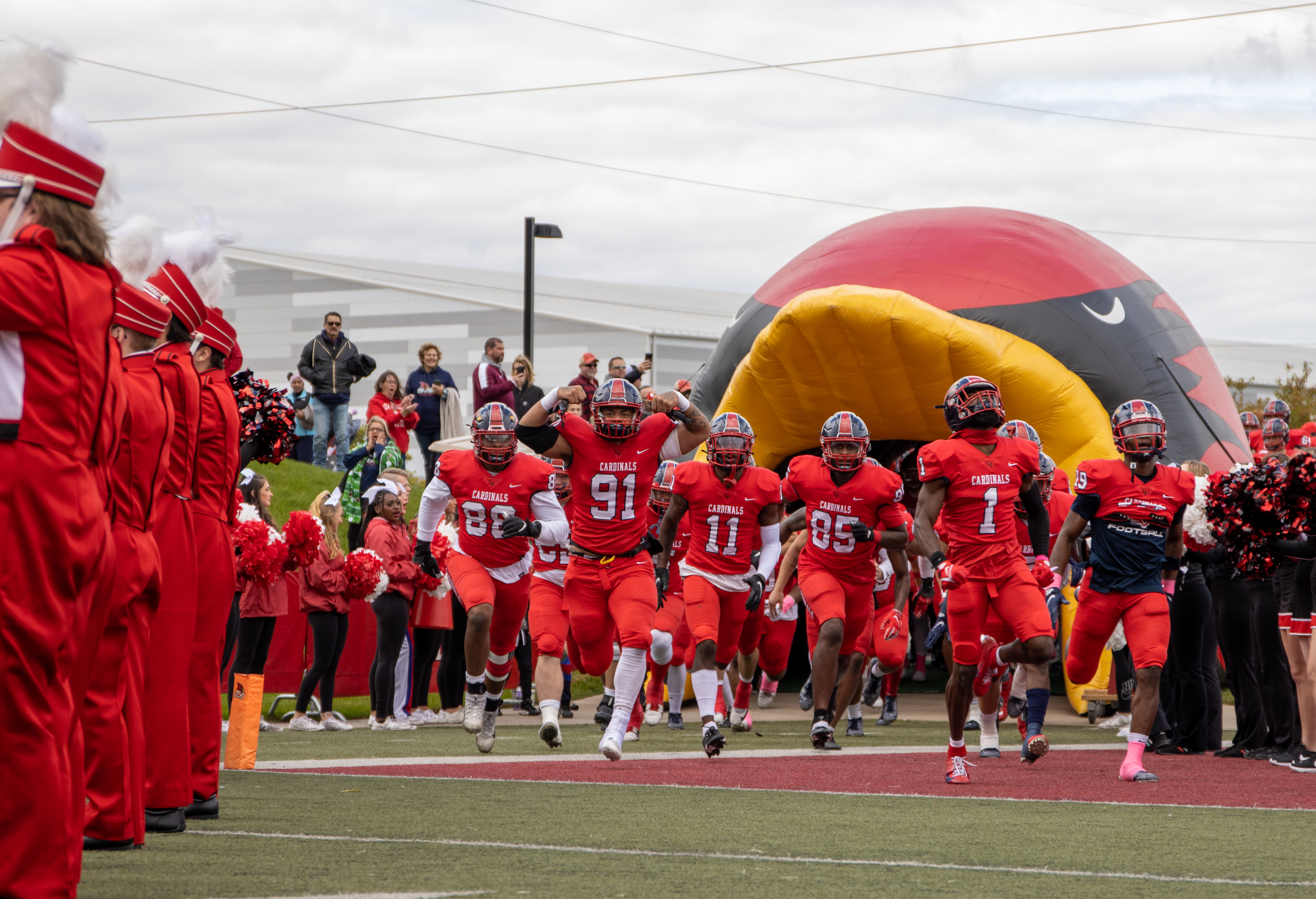 SVSU Football team entering the field at the 2021 Homecoming football game.